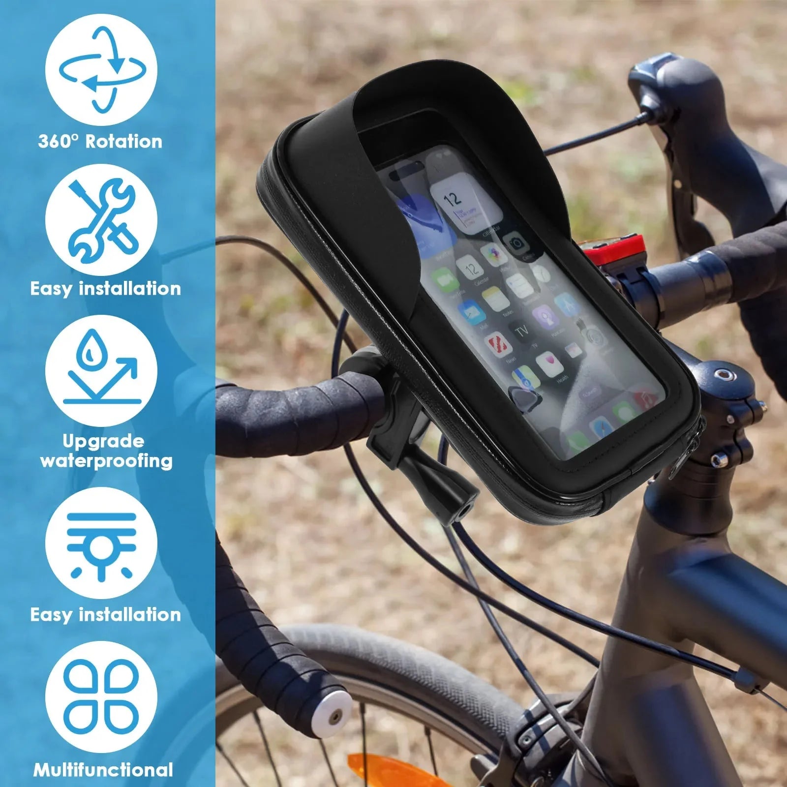 360° Rotatable Bike Phone Holder Bag | Waterproof Handlebar Mount with Touchscreen and Sunshade