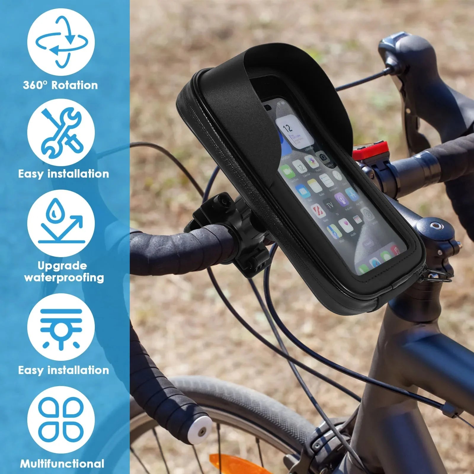 360° Rotatable Bike Phone Holder Bag | Waterproof Handlebar Mount with Touchscreen and Sunshade