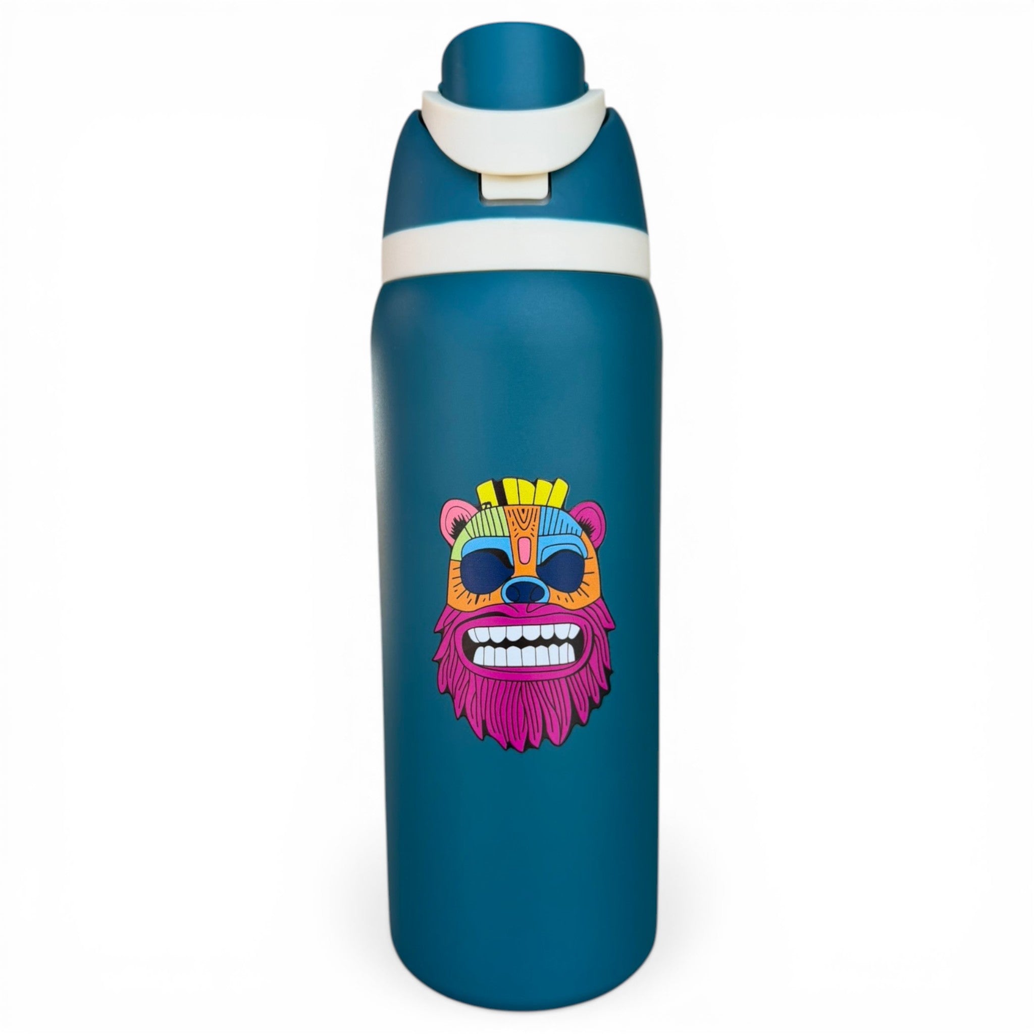 Hydration Bottle – Tiki Bear | 32oz Insulated Stainless Steel | Flip Straw Lid w/ Handle