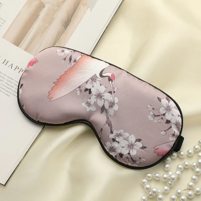 Imitated Silk Sleeping Eye Mask with Crane Print | Adjustable Blindfold for Travel and Relaxation