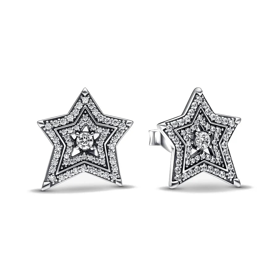 925 Silver Double Hoop Five-pointed Star Stud Earrings | Fine Jewelry Gift for Women