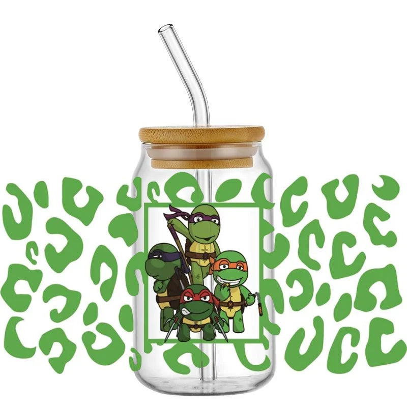 Cartoon Turtle Decal Stickers | Waterproof UV DTF Wrap for 16oz Libbey Glass