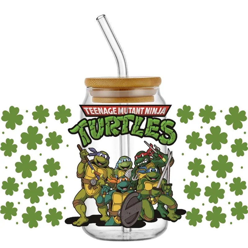 Cartoon Turtle Decal Stickers | Waterproof UV DTF Wrap for 16oz Libbey Glass