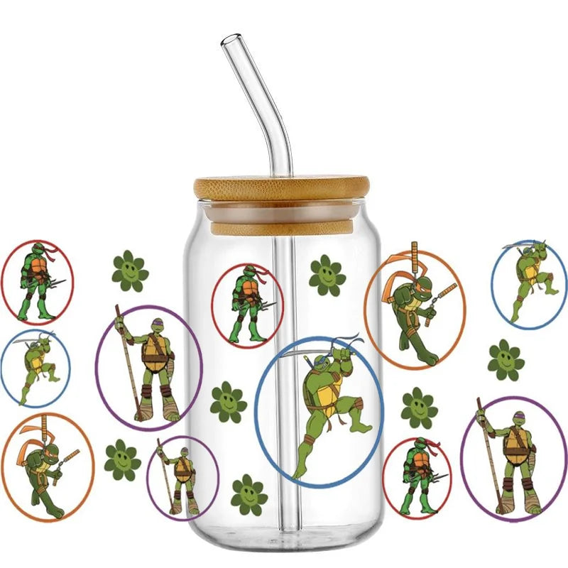 Cartoon Turtle Decal Stickers | Waterproof UV DTF Wrap for 16oz Libbey Glass