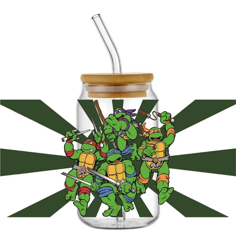 Cartoon Turtle Decal Stickers | Waterproof UV DTF Wrap for 16oz Libbey Glass