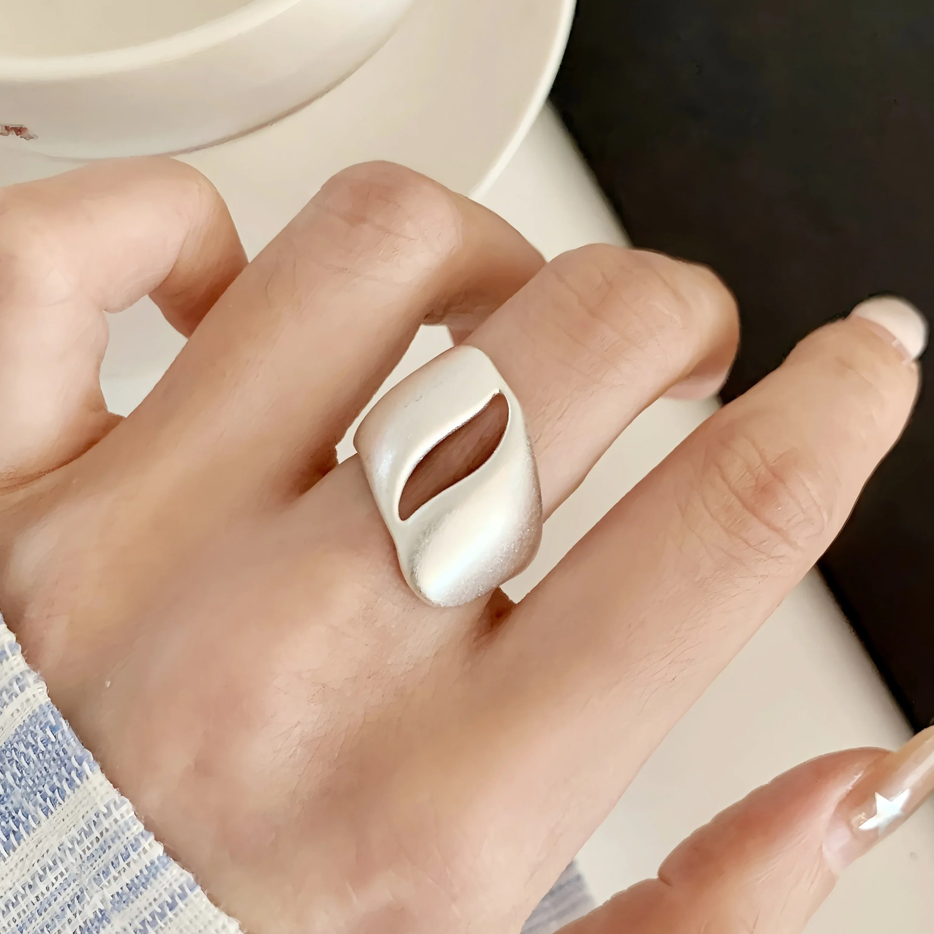 925 Sterling Silver Frosting Geometry Ring | Textured Wide Band for Women