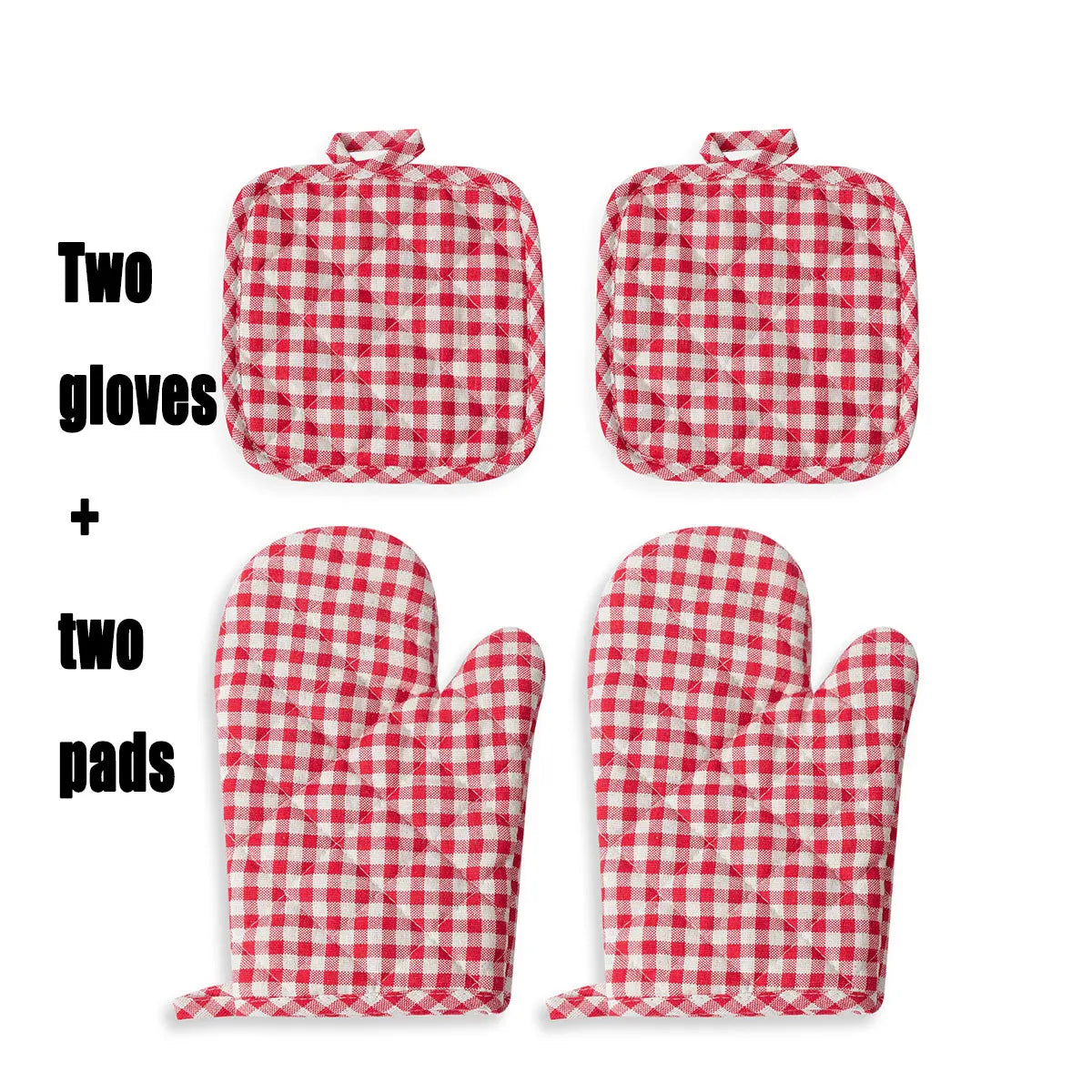 Anti Scald Oven Gloves Set | Cotton Lined Thick Kitchen Gloves with Red Checkered Design