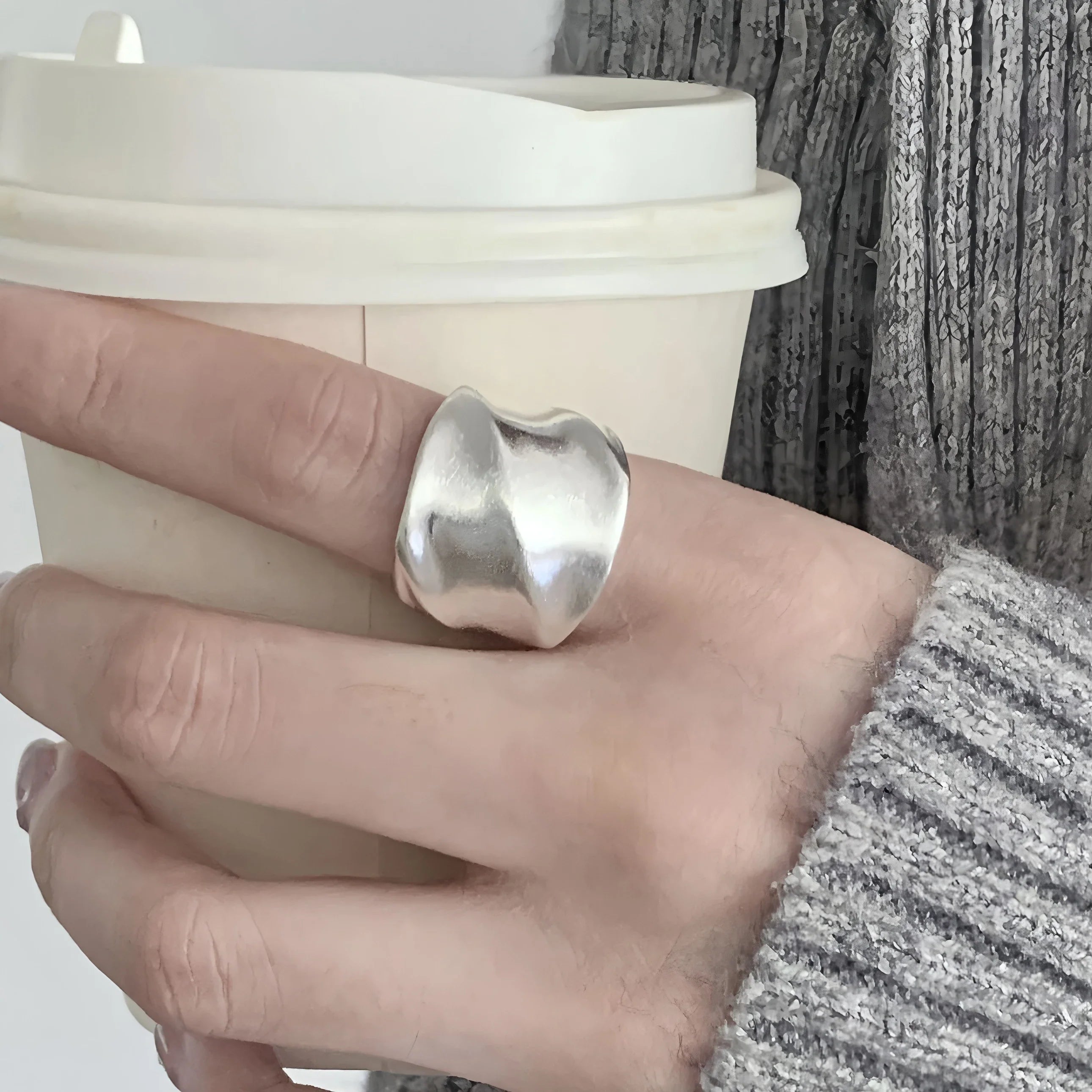 925 Sterling Silver Frosting Geometry Ring | Textured Wide Band for Women