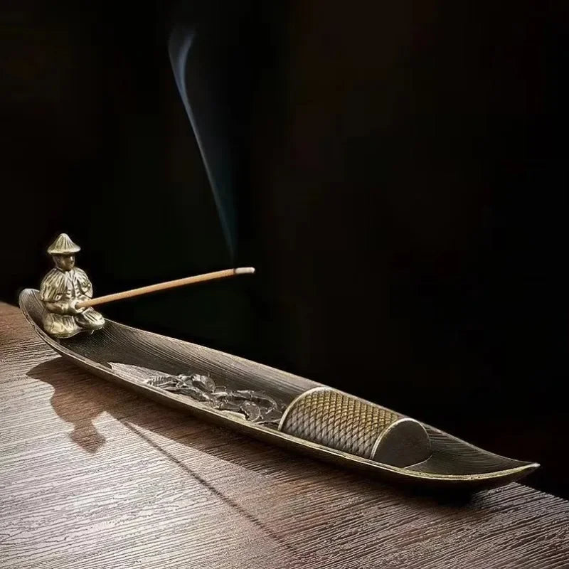 Japanese Style Incense Stick Holder Boat | Old Man Fisherman Metal Incense Burner