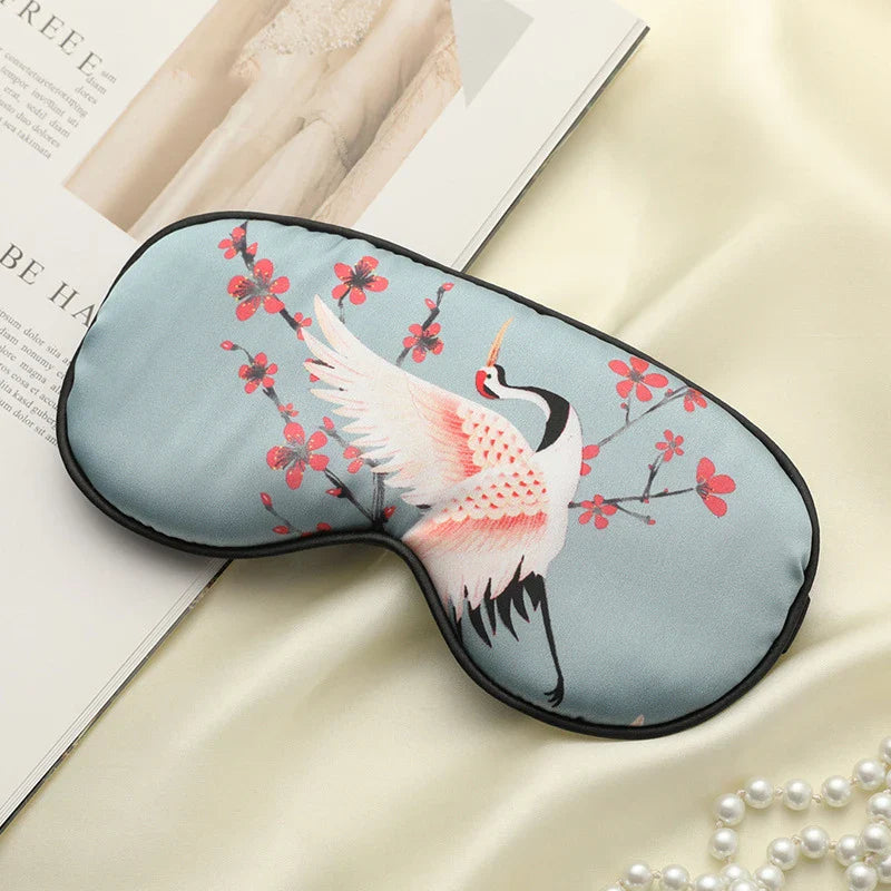 Imitated Silk Sleeping Eye Mask with Crane Print | Adjustable Blindfold for Travel and Relaxation