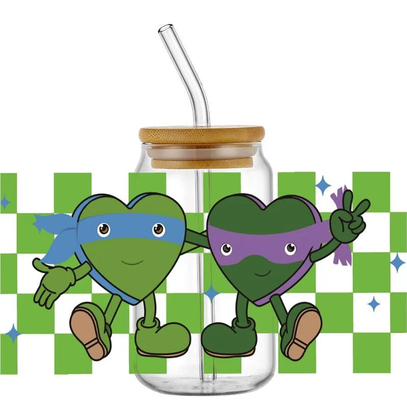 Cartoon Turtle Decal Stickers | Waterproof UV DTF Wrap for 16oz Libbey Glass