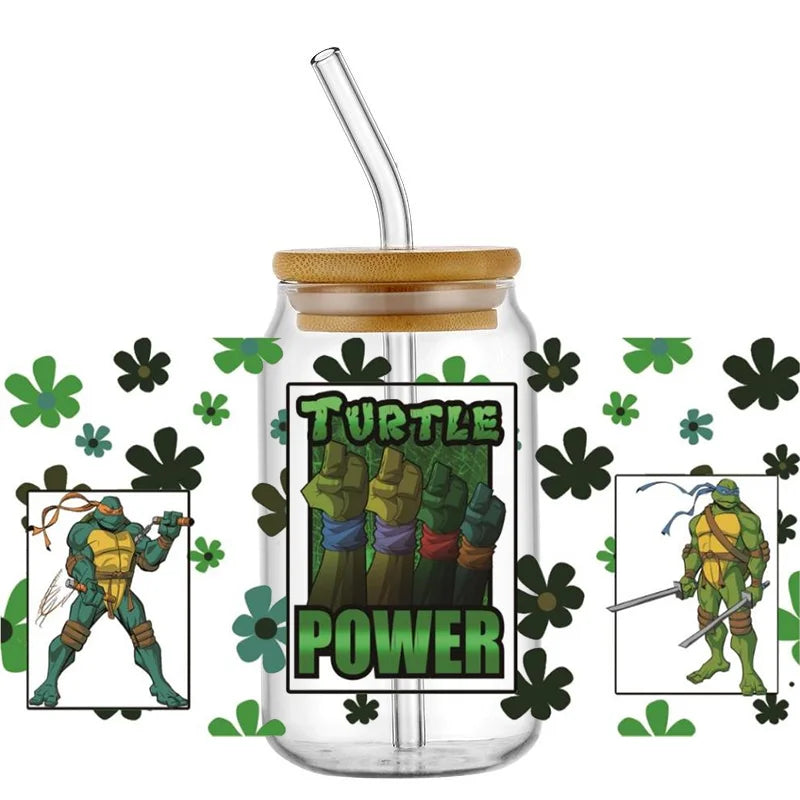 Cartoon Turtle Decal Stickers | Waterproof UV DTF Wrap for 16oz Libbey Glass