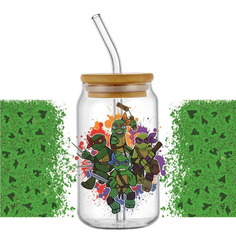 Cartoon Turtle Decal Stickers | Waterproof UV DTF Wrap for 16oz Libbey Glass