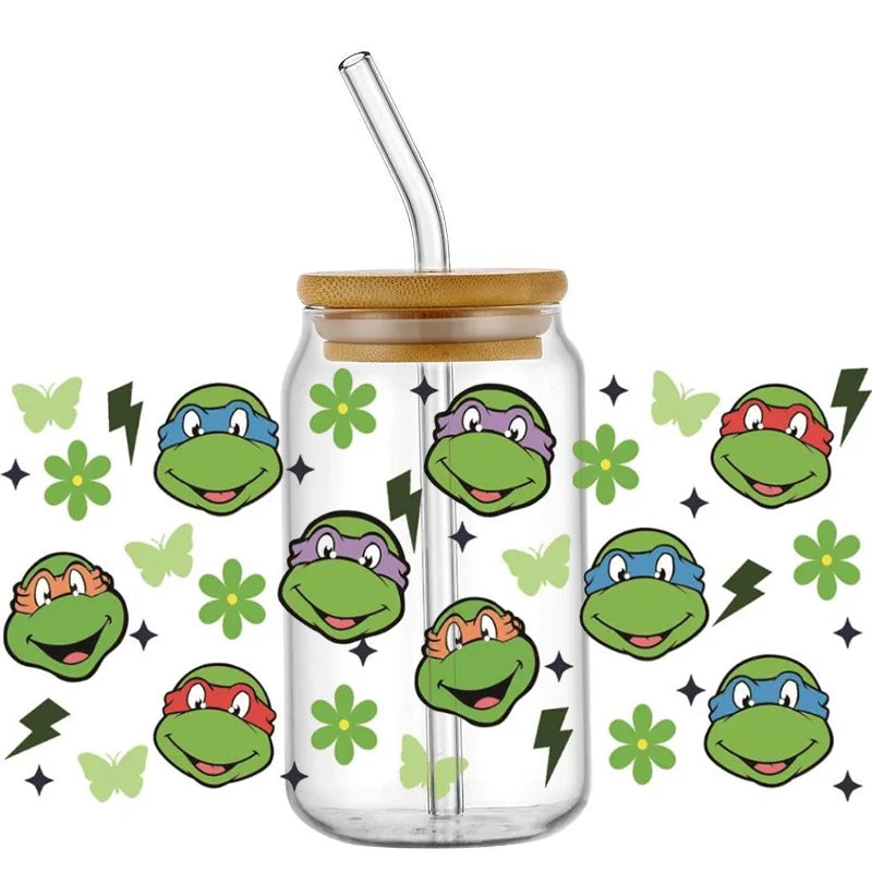 Cartoon Turtle Decal Stickers | Waterproof UV DTF Wrap for 16oz Libbey Glass