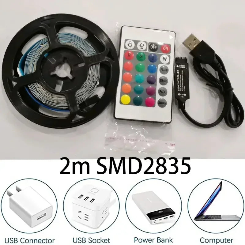 2m USB LED Strip Lights | RGB SMD2835 TV Background Lighting with IR Remote