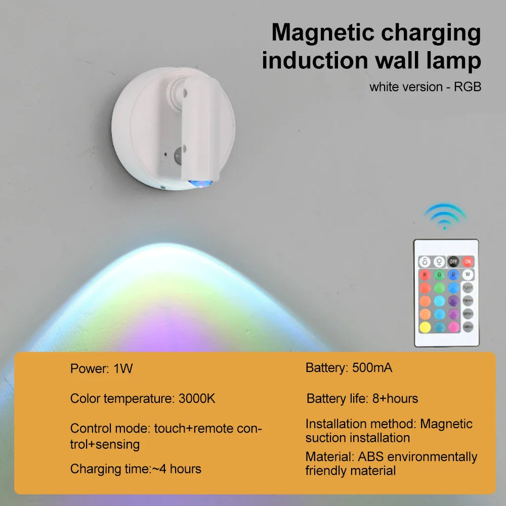 RGB Night Light | Magnetic Base USB Rechargeable LED Wall Lamp with Touch Switch
