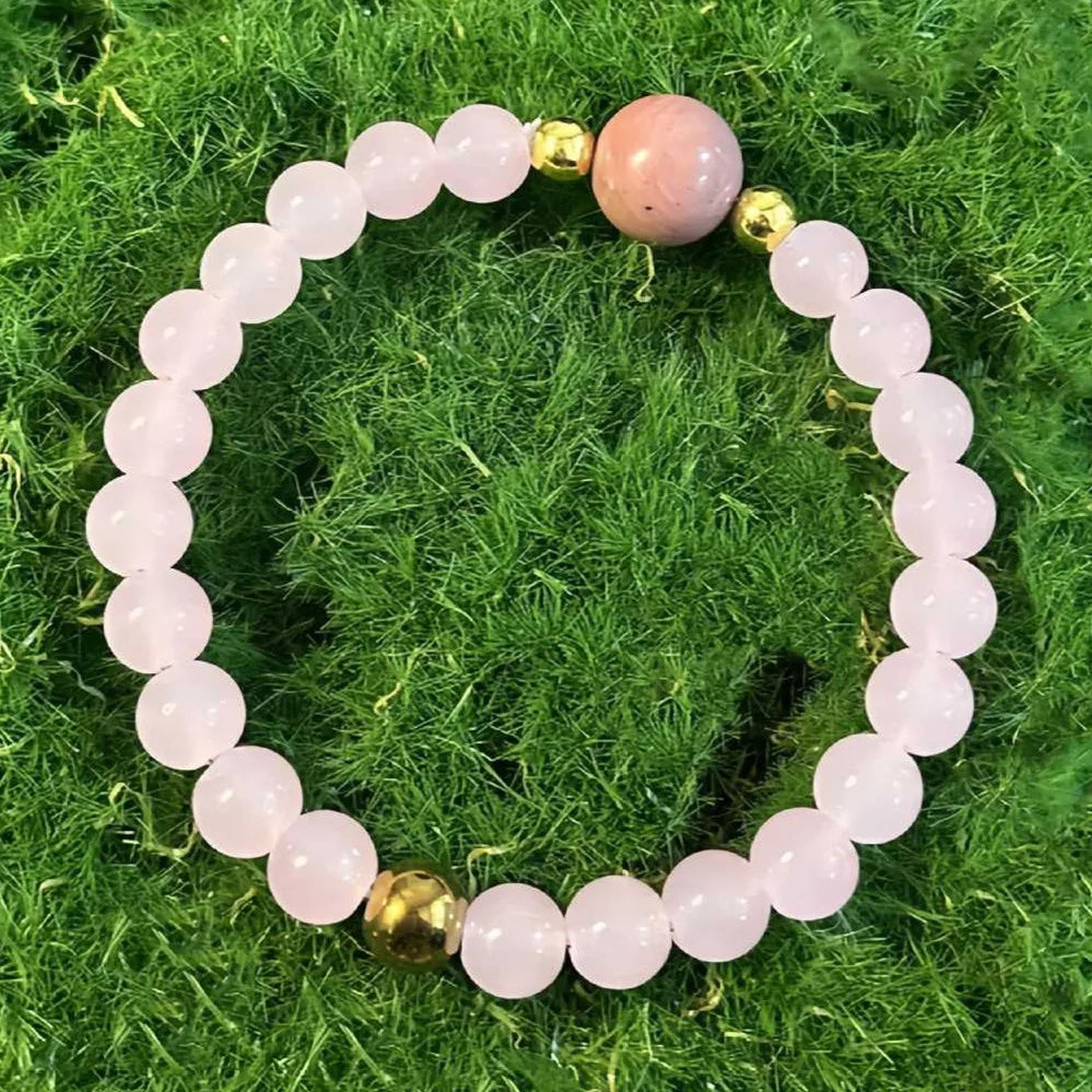 Natural Stone Pink Quartz and Rhodonite Bead Bracelet | Handmade Stretch Bracelet for Women