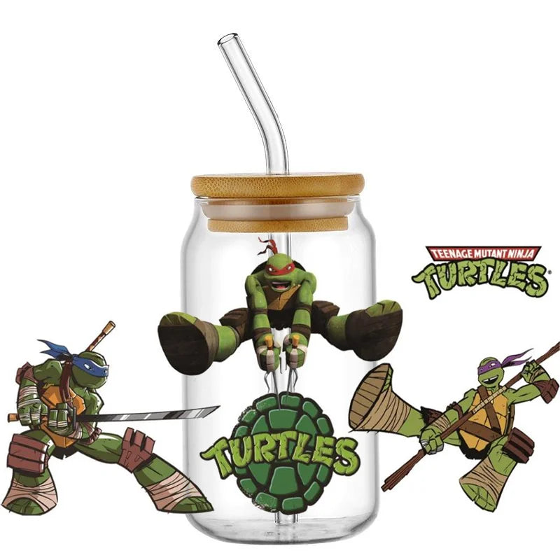 Cartoon Turtle Decal Stickers | Waterproof UV DTF Wrap for 16oz Libbey Glass
