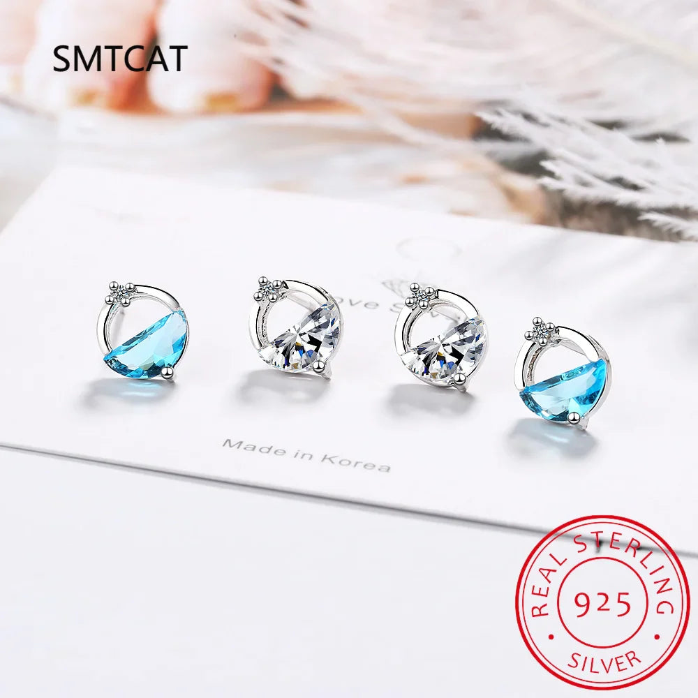 Half Round Natural Sky London Blue Topaz 925 Sterling Silver Spring Water Stud Earrings | Women's Fine Gemstone Jewelry