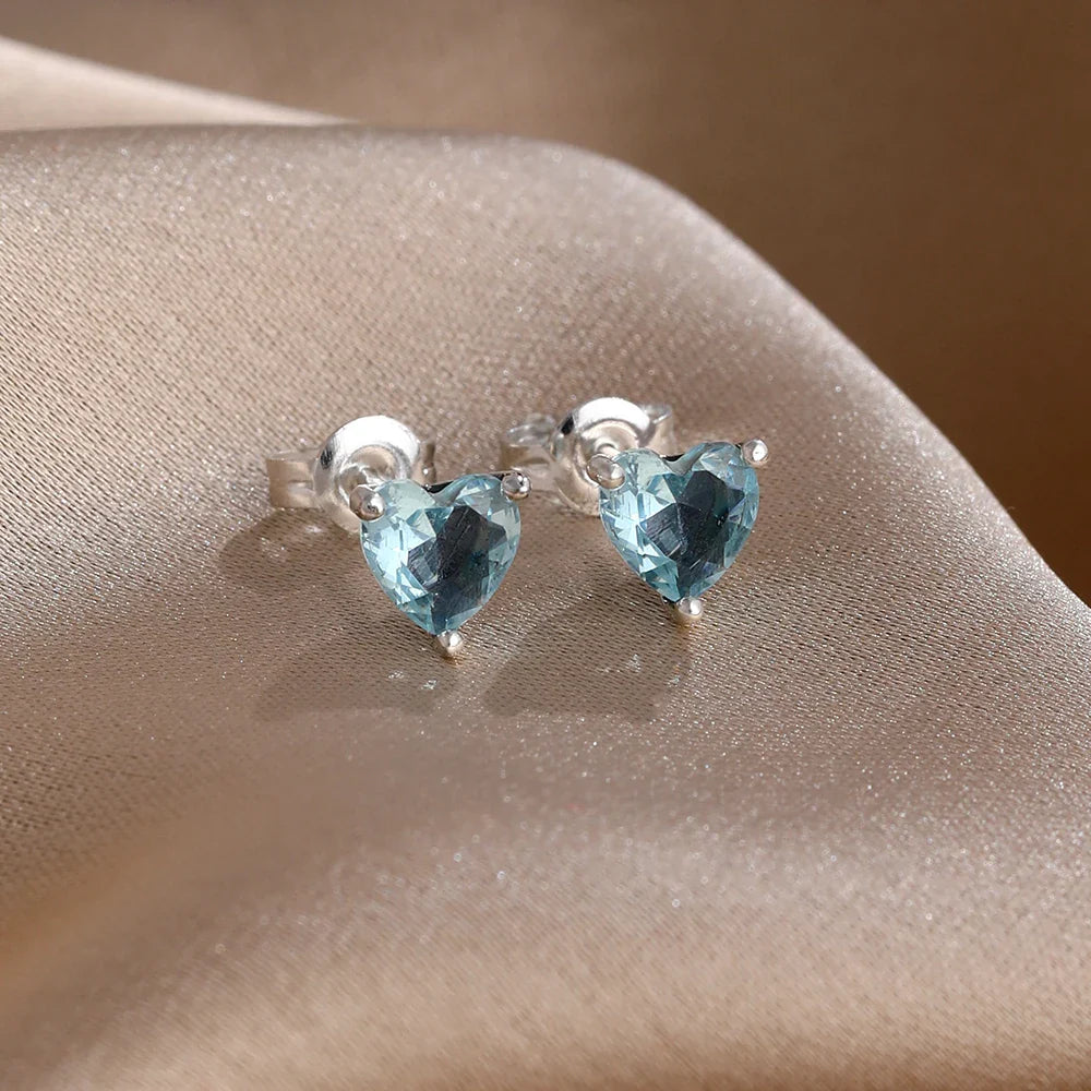 925 Silver Heart Stud Earrings | Pink Red Multi-Color Crystal Jewelry