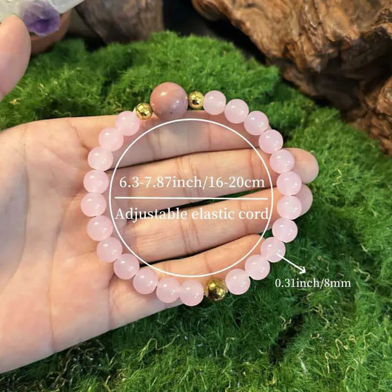 Natural Stone Pink Quartz and Rhodonite Bead Bracelet | Handmade Stretch Bracelet for Women