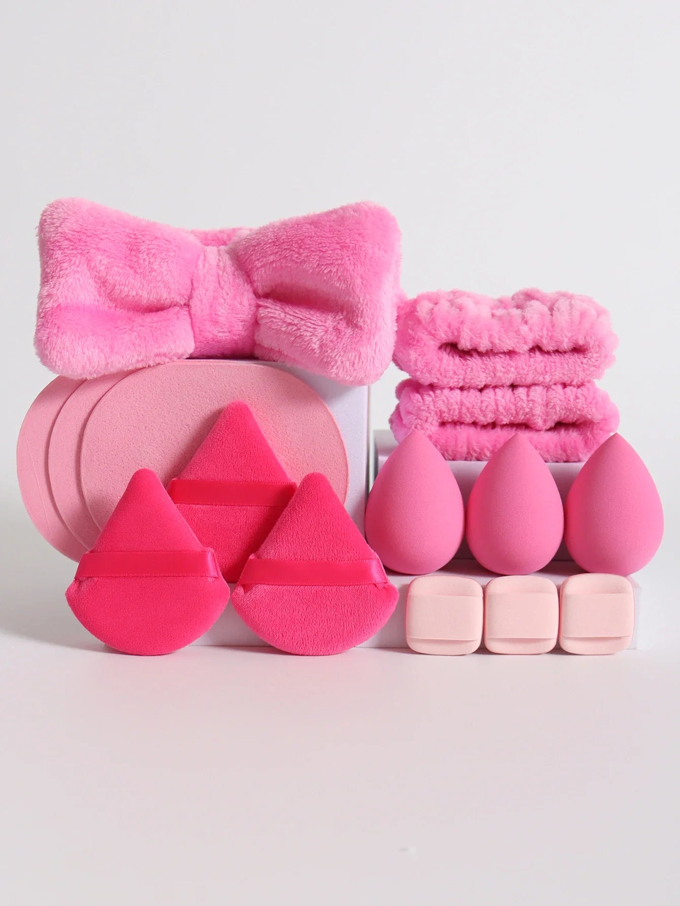 15Pcs Multi-Colored Fluffy Headband and Makeup Sponge Set | Sweet Style Beauty Kit