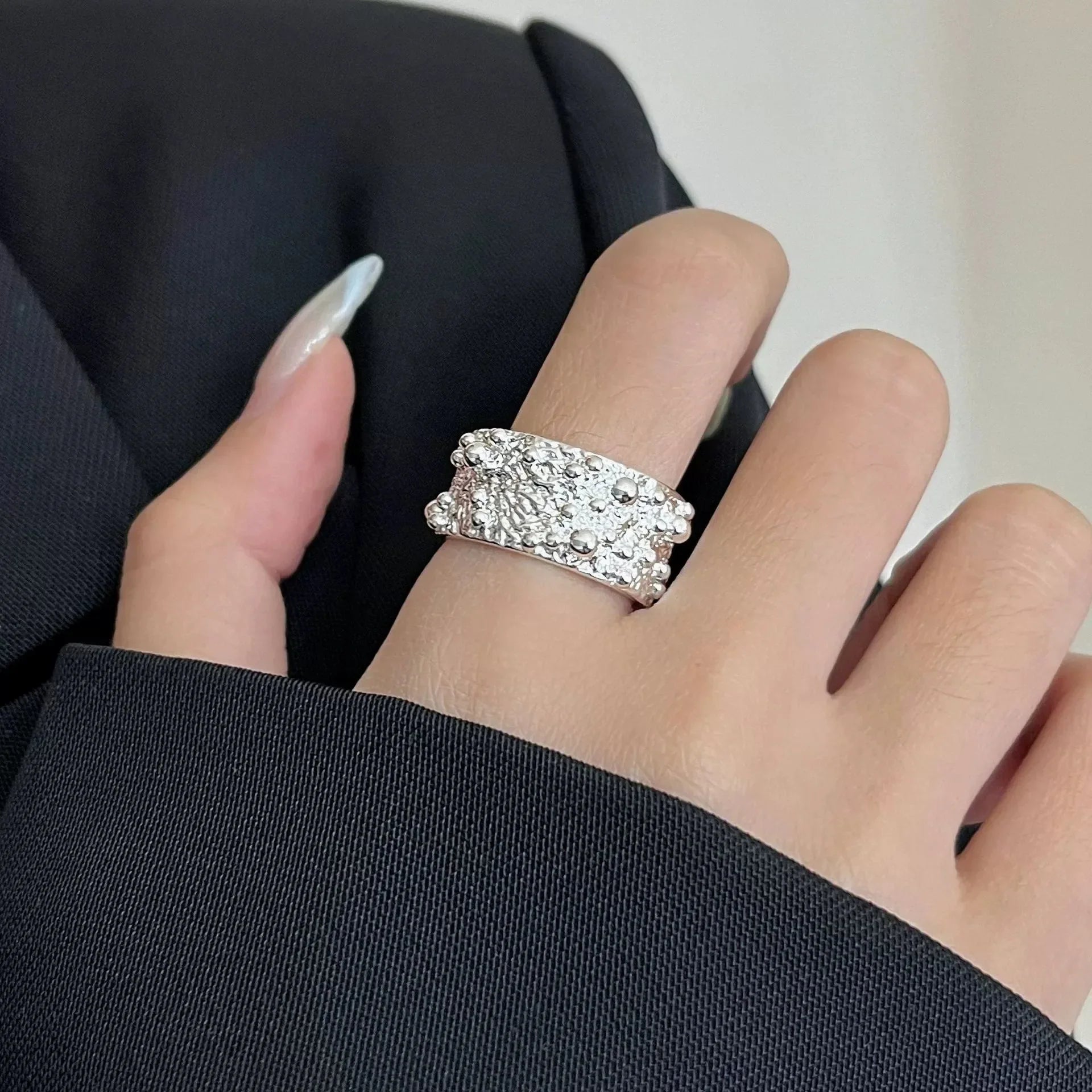 925 Sterling Silver Frosting Geometry Ring | Textured Wide Band for Women