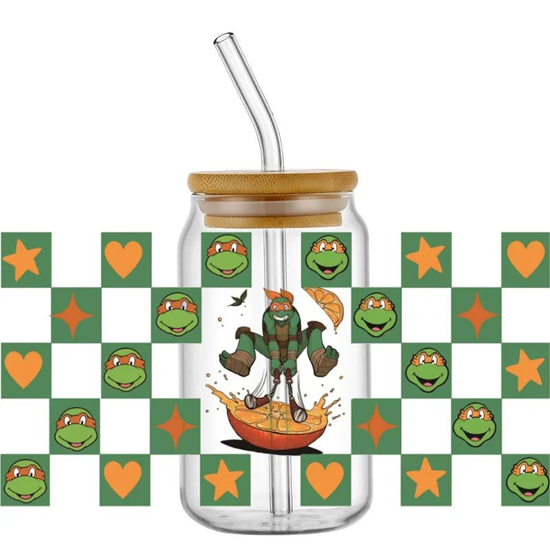 Cartoon Turtle Decal Stickers | Waterproof UV DTF Wrap for 16oz Libbey Glass