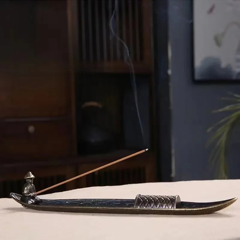 Japanese Style Incense Stick Holder Boat | Old Man Fisherman Metal Incense Burner