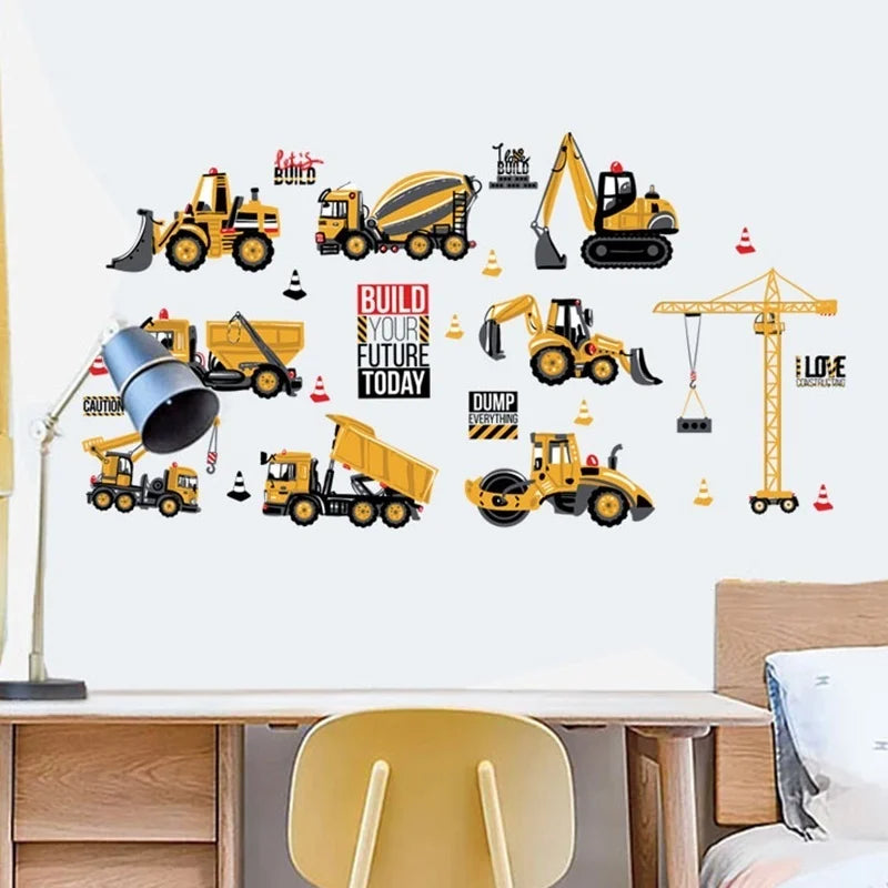 Cartoon Excavator Construction Wall Decals | Baby Boy Nursery Kids Room Stickers