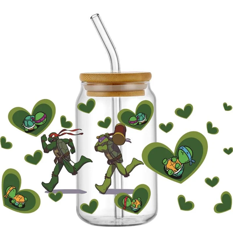Cartoon Turtle Decal Stickers | Waterproof UV DTF Wrap for 16oz Libbey Glass