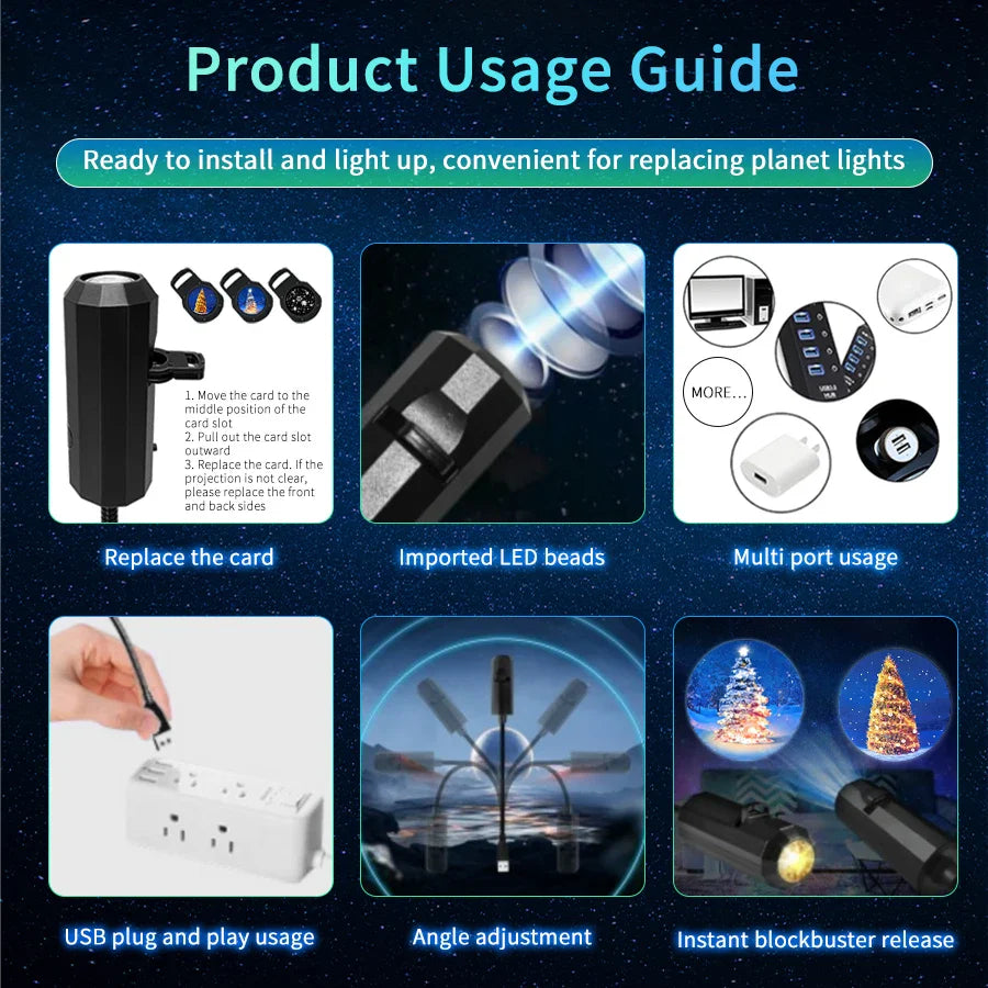 USB Projection Lamp with Switchable Patterns | LED Night Light for Christmas, Halloween, and Planet Themes