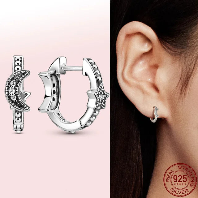 925 Silver Moon Star Earrings | White Zircon Love Pendant Jewelry for Women