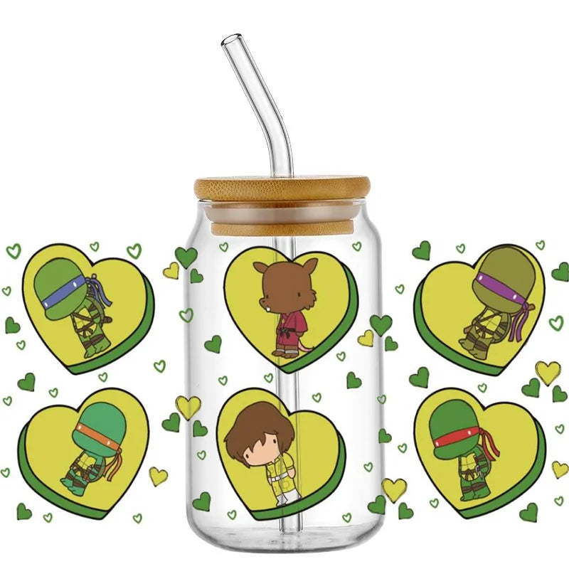 Cartoon Turtle Decal Stickers | Waterproof UV DTF Wrap for 16oz Libbey Glass