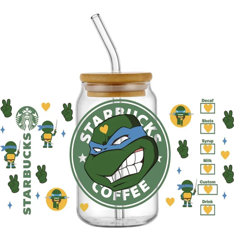 Cartoon Turtle Decal Stickers | Waterproof UV DTF Wrap for 16oz Libbey Glass