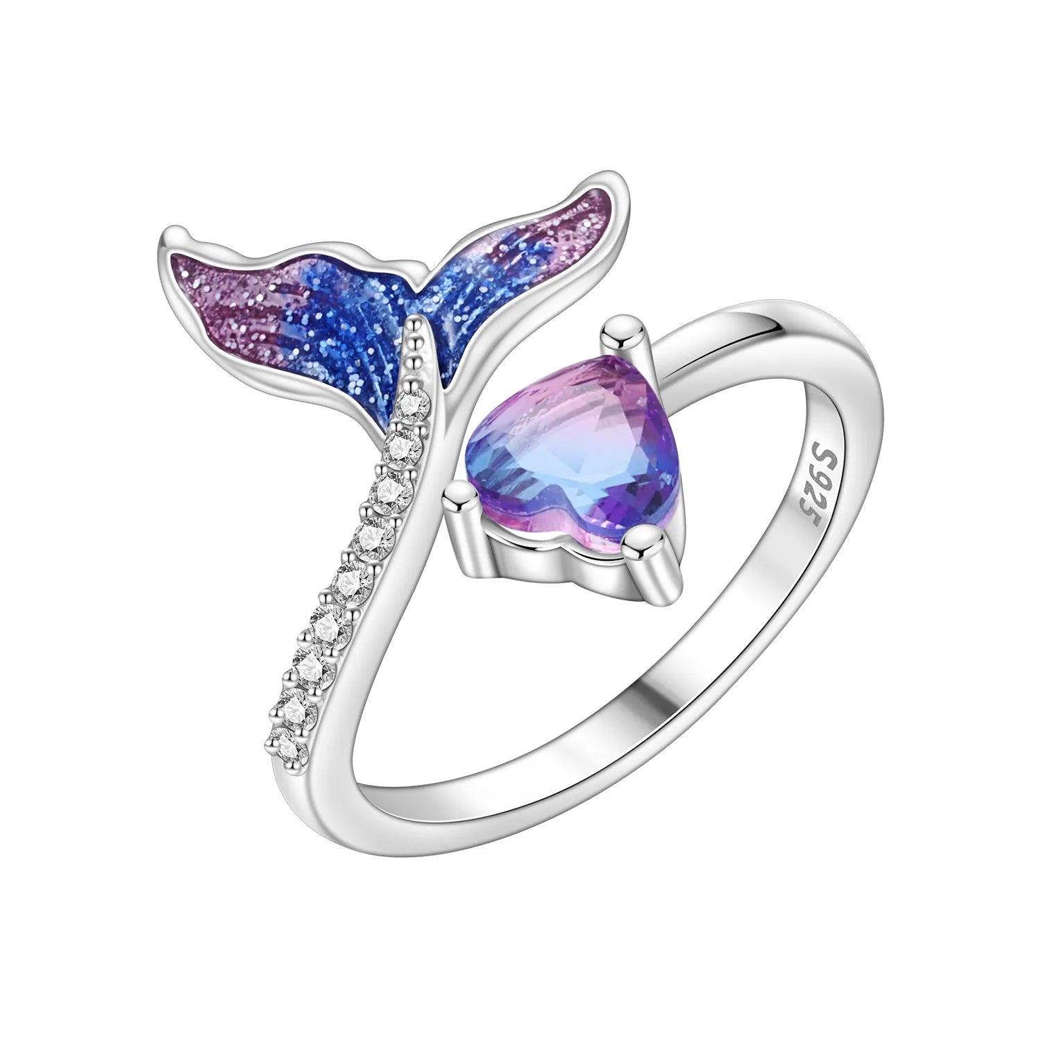 925 Sterling Silver Open Ring Adjustable Mermaid Heart Zircon Ring | Women's Fine Jewelry