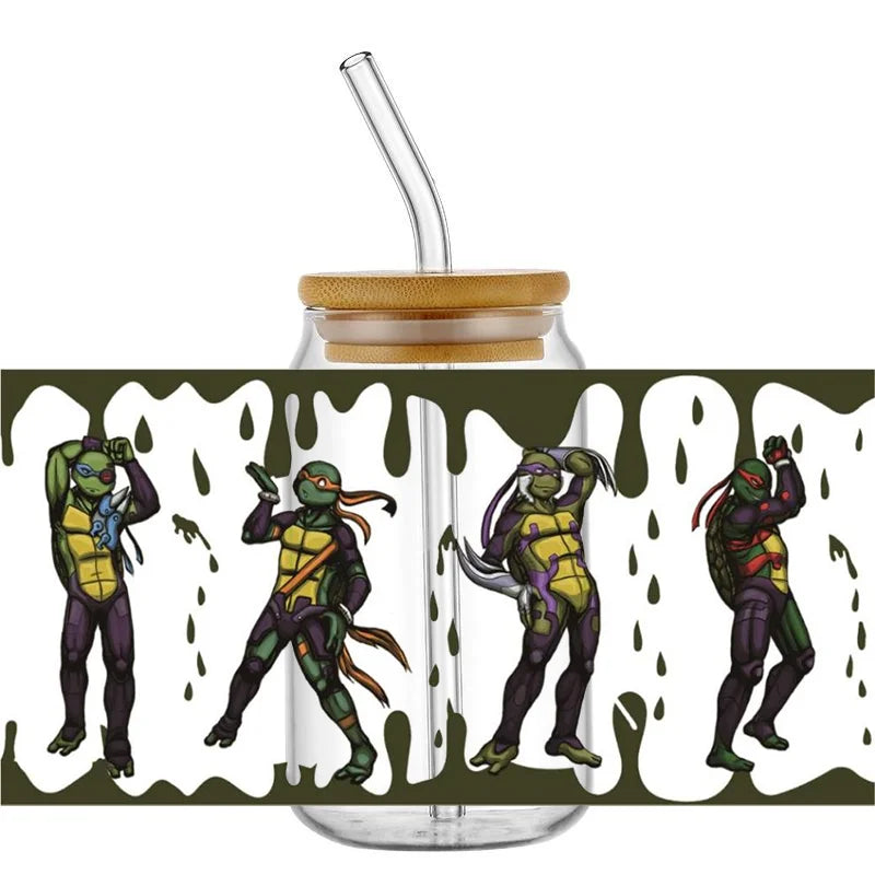 Cartoon Turtle Decal Stickers | Waterproof UV DTF Wrap for 16oz Libbey Glass