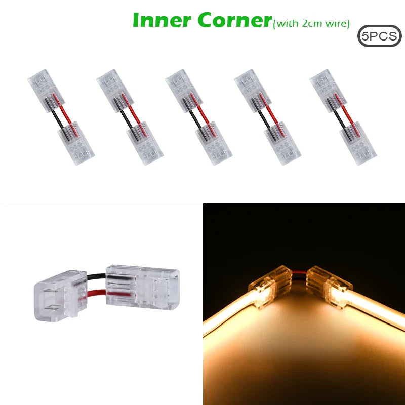 LED Strip Connectors and Fixing Clips Kit | 2-Pin COB Corner Connectors for Tape Lights