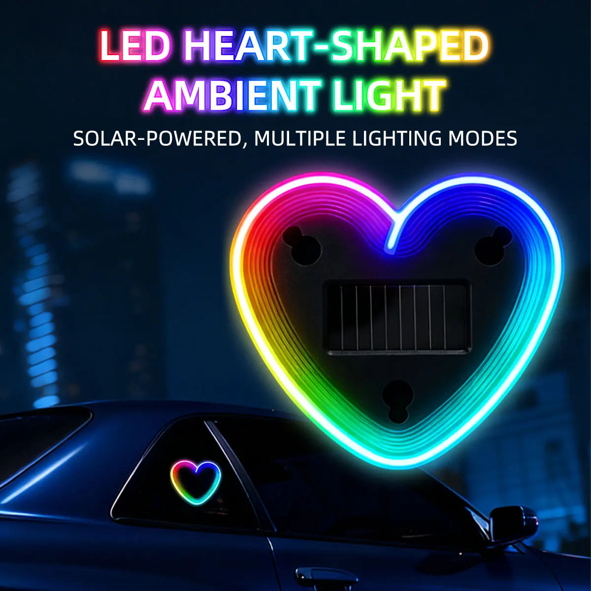 Solar Powered Car Neon Heart Lamp | Wireless LED Ambient Light with Suction Cup