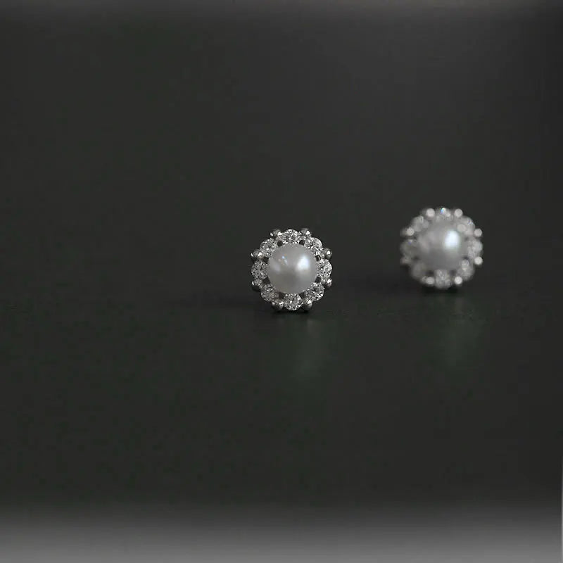 14k Gold Zircon Pearl Twist Stud Earrings | Luxury Women's Jewelry