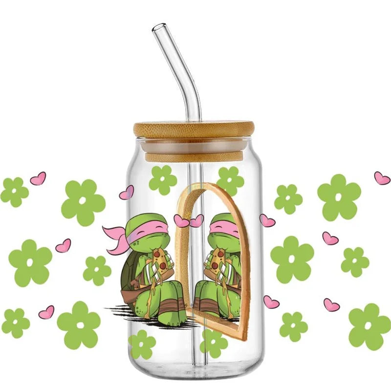 Cartoon Turtle Decal Stickers | Waterproof UV DTF Wrap for 16oz Libbey Glass