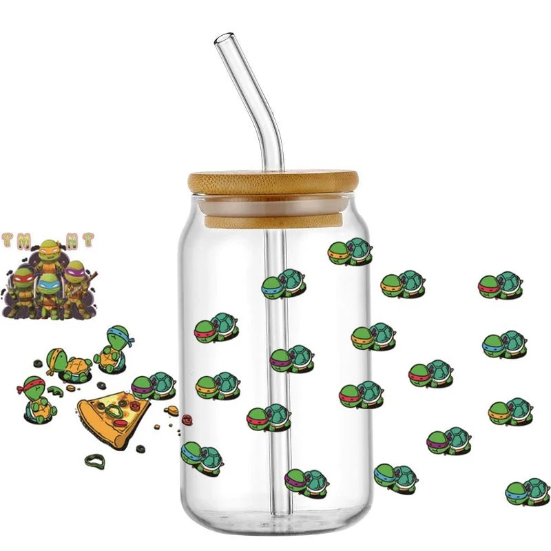 Cartoon Turtle Decal Stickers | Waterproof UV DTF Wrap for 16oz Libbey Glass