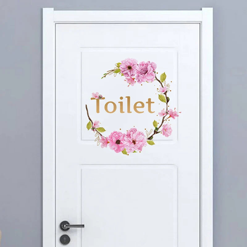 Flower Toilet Door Wall Stickers | Elegant Bathroom Decor Signs