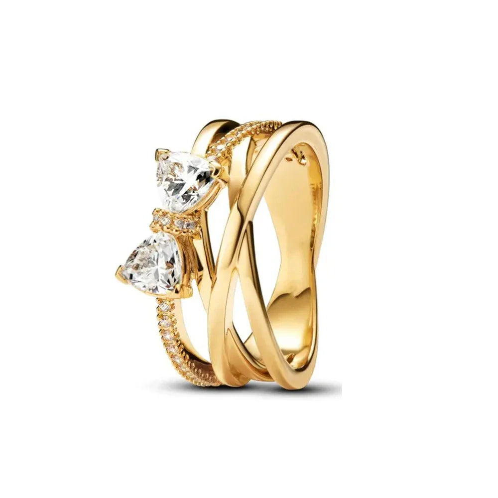 Gold Sun Heart Bow Ring | 925 Sterling Silver Zircon Ring for Women