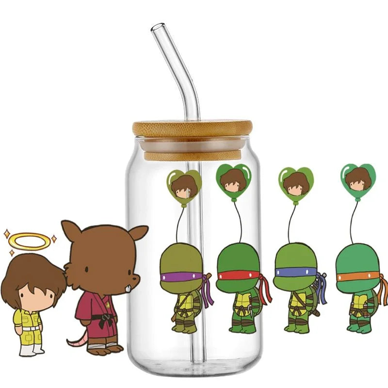 Cartoon Turtle Decal Stickers | Waterproof UV DTF Wrap for 16oz Libbey Glass