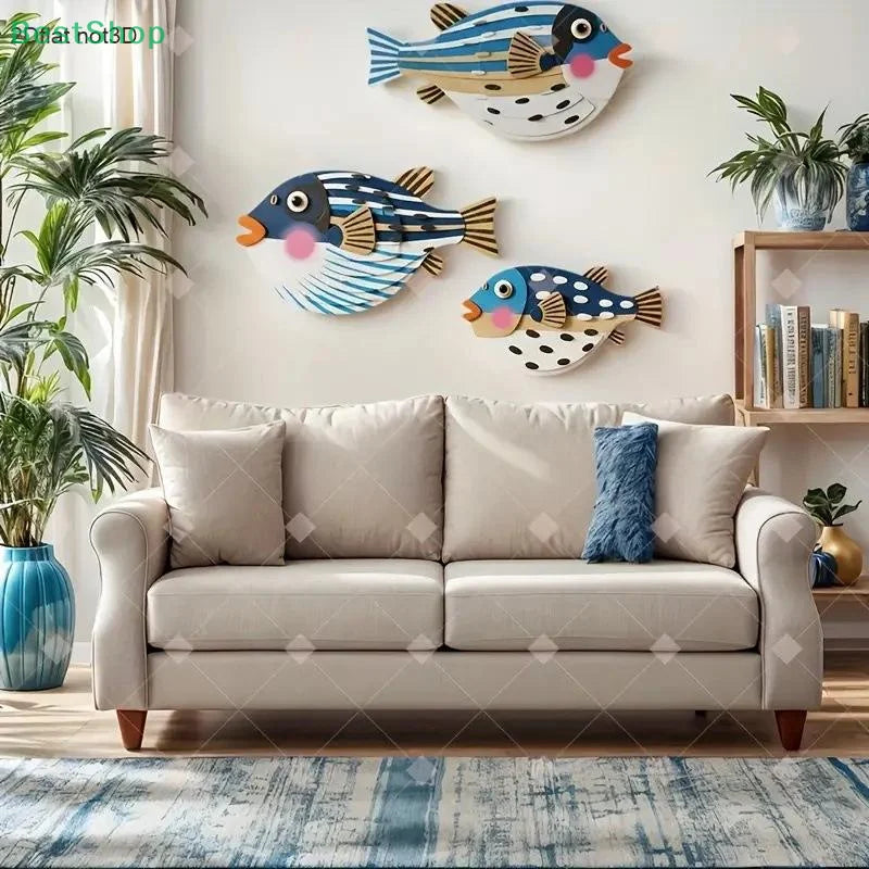 Three Fish Wall Hanging Decoration | Wooden Ocean Art for Living Room