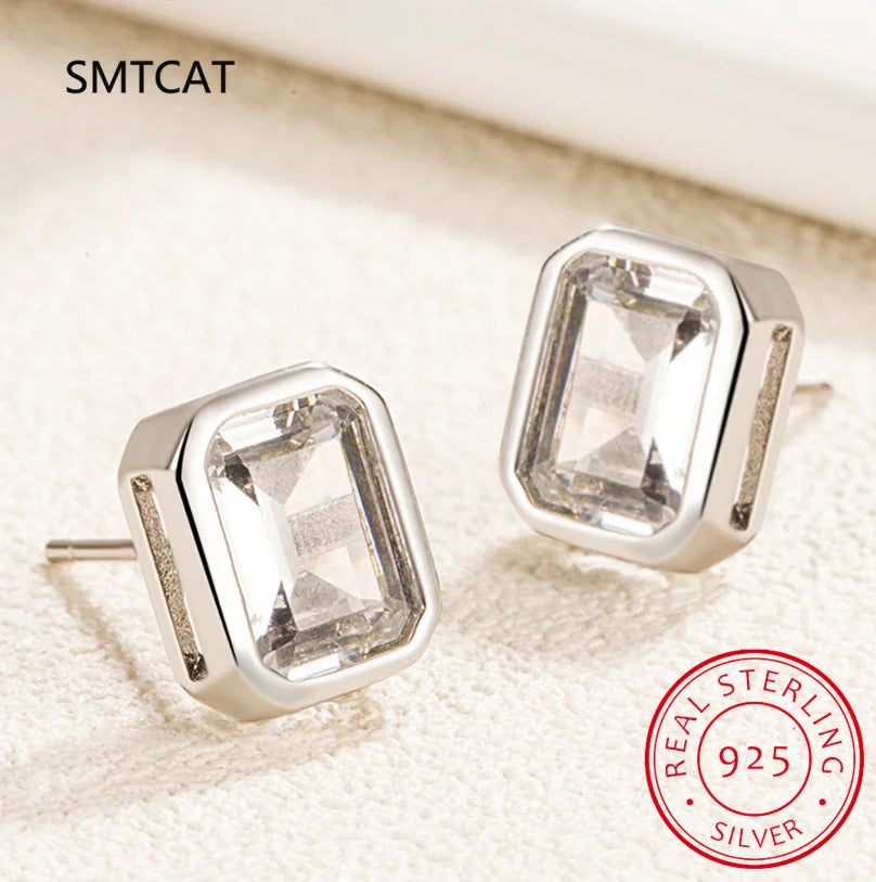 925 Sterling Silver Emerald Cut High Carbon Diamond Stud Earrings | Elegant Wedding Party Jewelry for Women