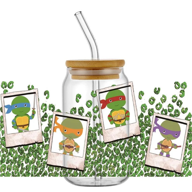 Cartoon Turtle Decal Stickers | Waterproof UV DTF Wrap for 16oz Libbey Glass