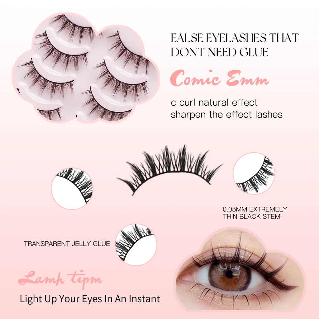 5 Pairs Manga Lashes Soft Natural Long False Eyelashes | Anime Wispy Strip Lashes for Korean Doll Eye Makeup