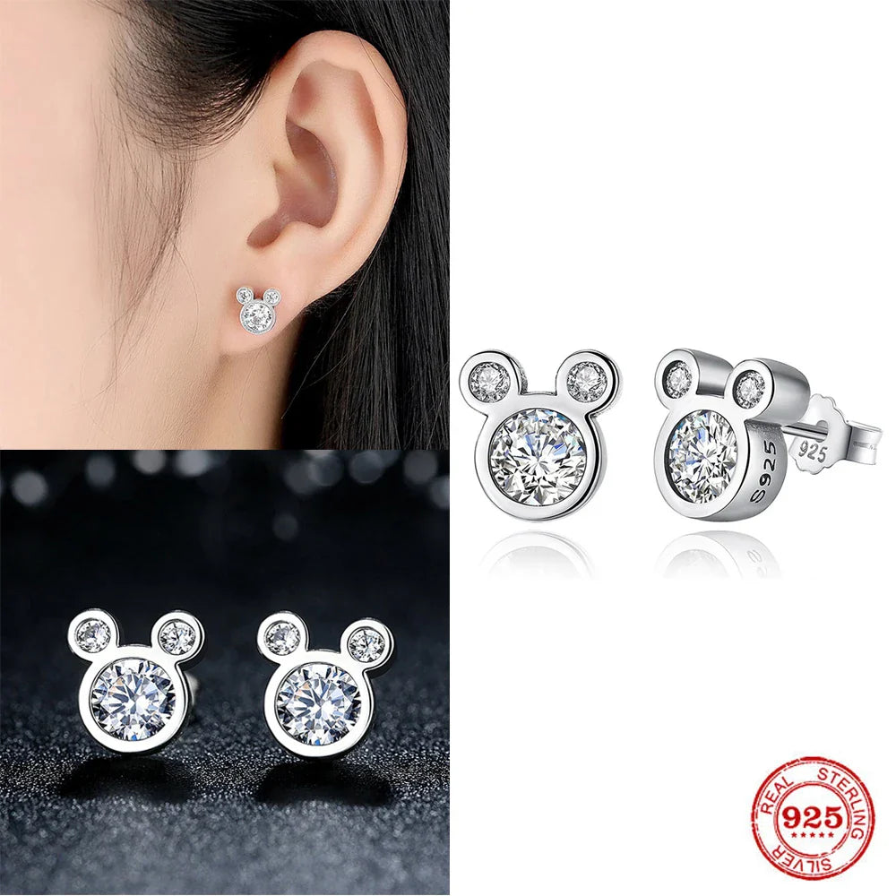 925 Sterling Silver Cute Dazzling Mouse Cartoon Stud Earrings | Fine Jewelry Gift for Women
